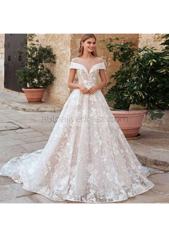Beaded Ivory Lace Crystal Waist Wedding Dress